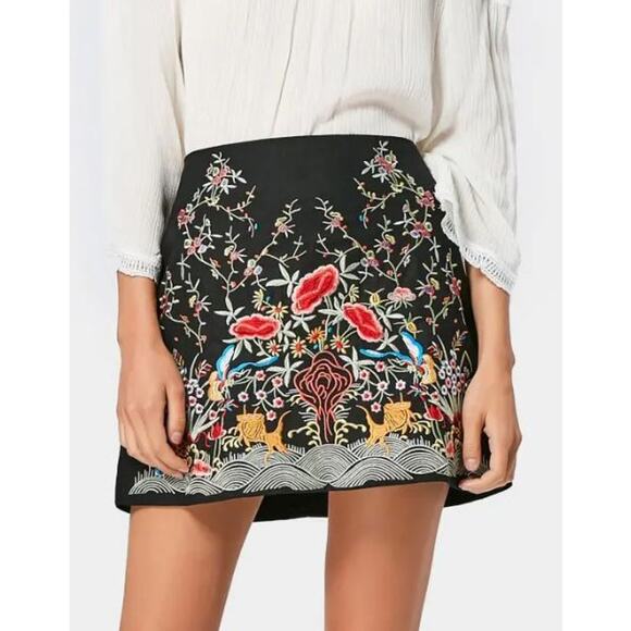 ZARA Black Floral Embroidered Cottagecore High Waist Mini Skirt - Picture 1 of 11
